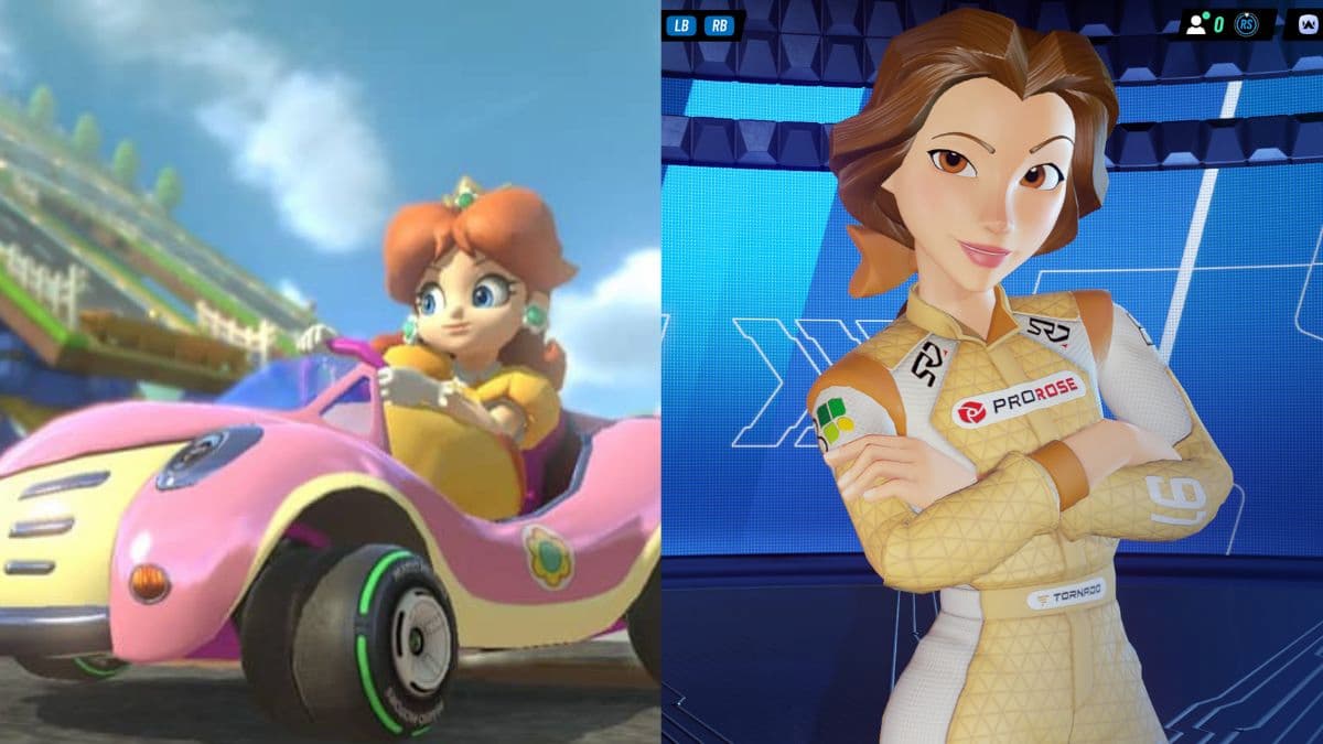 Daisy and Belle in Mario Kart versus Disney Speedstorm