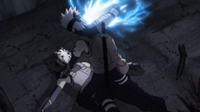 Kakashi and Kinoe fighting in Naruto